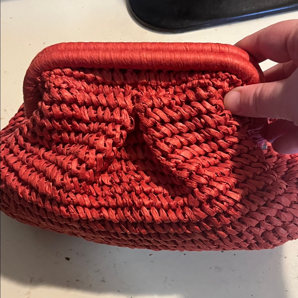 Vineyard Vines Red Woven Straw Clutch  with Fabric Lining